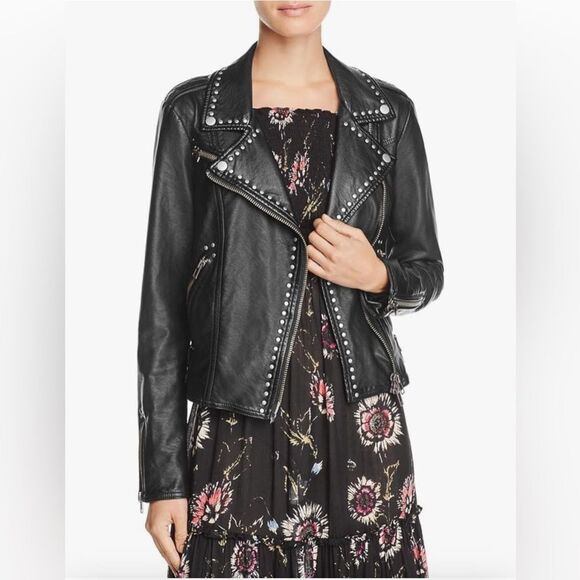 Free People Womens Faux Leather Studded Motorcycle Jacket Black Medium - Picture 1 of 14